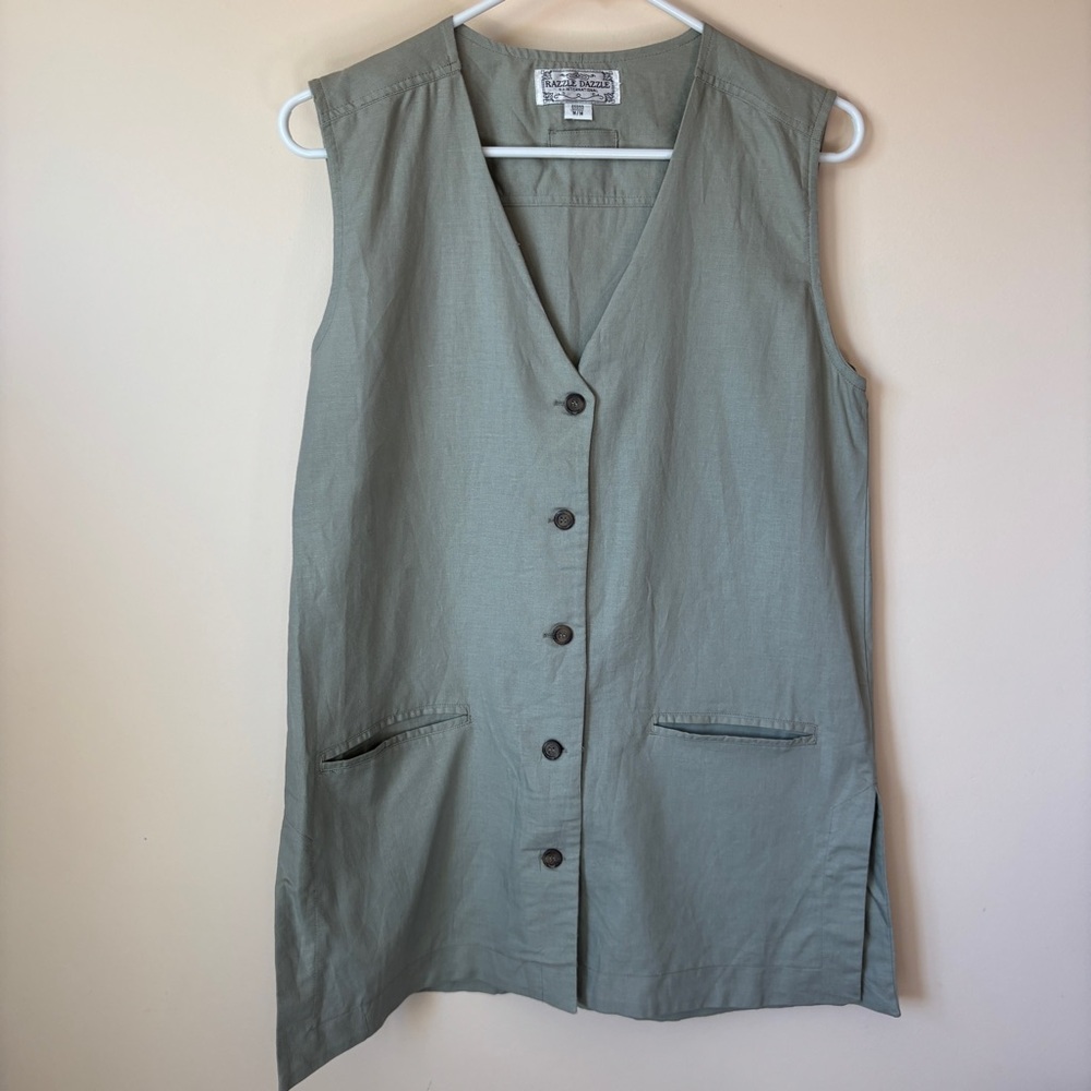 Women’s Linen Cotton Olive Green Button Sleeveless Vest Boho Tomato Girl Safari